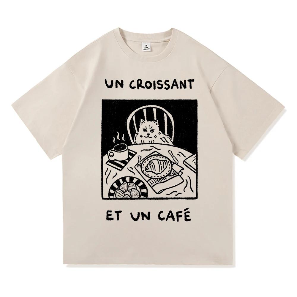French Cafe Cat T Shirt Fashion Women Summer Funny Letter Un Croissant Et Un Cafe Tshirt High Quality Casual Cotton Tees Shirts