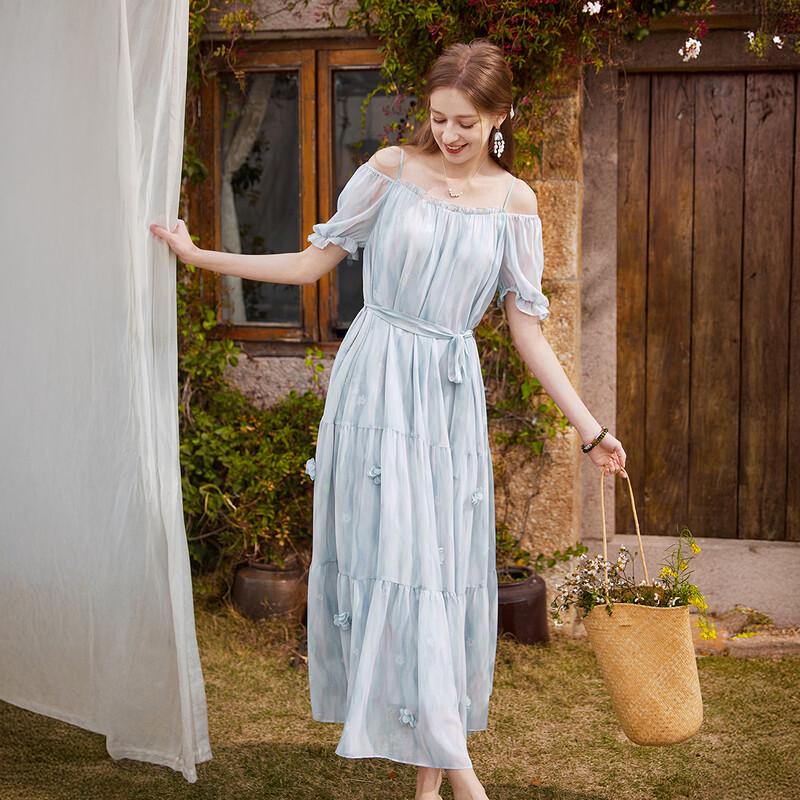 Xiangying 'Flower Whisper' Blue Tie-Dye Off-Shoulder Bubble Sleeve Midi Dress
