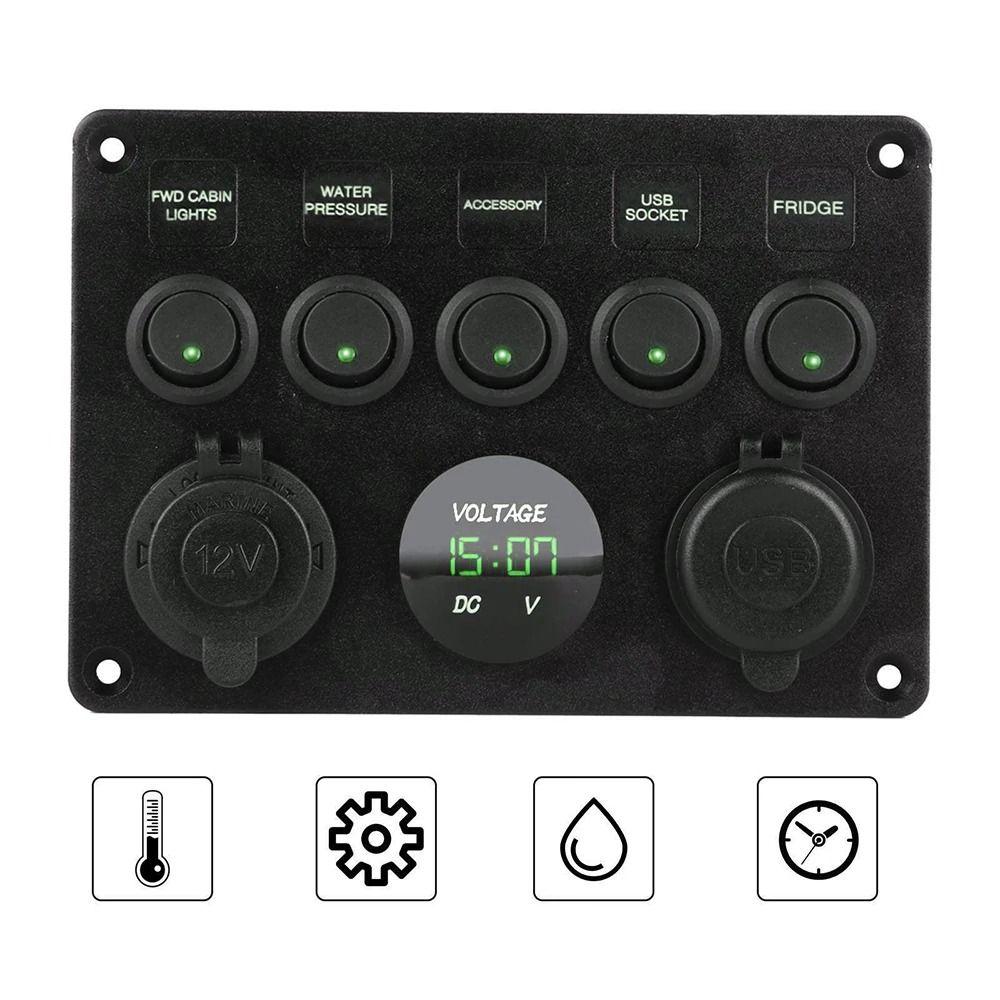 Red/Green/Blue Lights 5 Gang Switch Panel Dual USB Socket LED Voltmeter Power Outlet  Marine