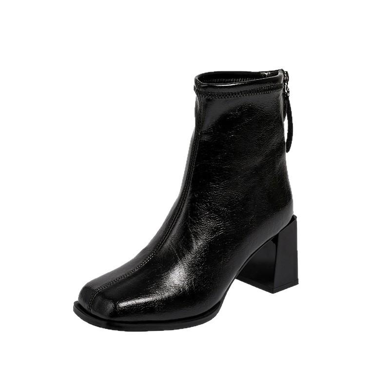 Shoes Couple~ Short Boots Women's Spring Square Head Martin Boots Small French Thick Heel Skinny Boots