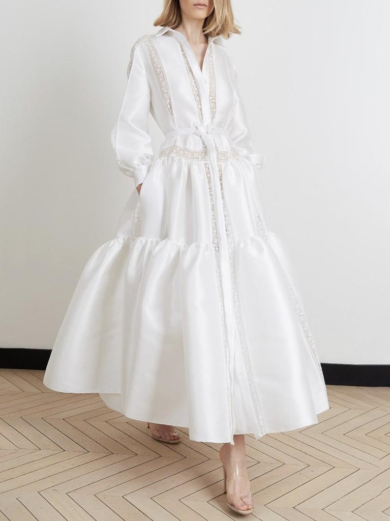 European And American Autumn And Winter New Models, Women'S Lace Splicing White Long-Sleeved Casual, Dress Women