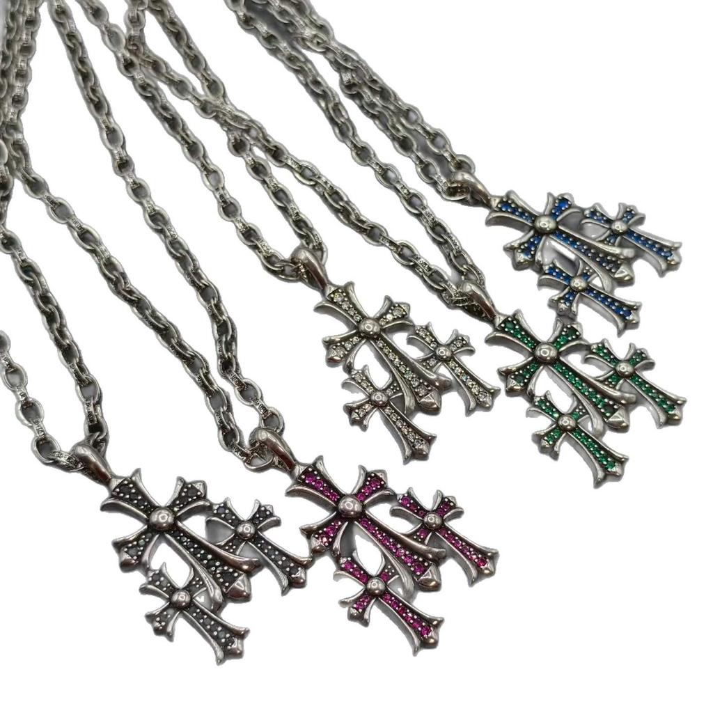 CH Croatia Retro Cross Diamond Inlaid Silver Necklace - High-End Punk Accessories