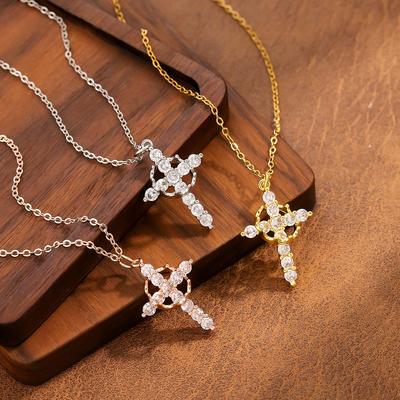 Titanium Steel Rotating Cross Necklace with Hollow Design and Colorful Zircon Accents