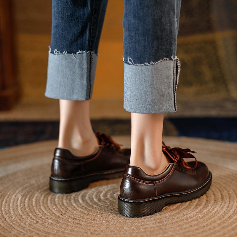 Fashion Comemore Damen Oxfords Damenschuhe Damen Leder Rundzehe Nähen Retro Bequemes Schuhwerk Lolita Schuh 2025 Braun 40