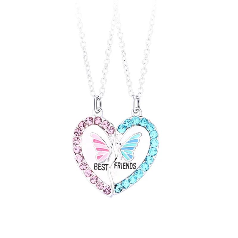 

2 шт./компл. Нежное ожерелье с подвеской в виде бабочки и сердца из страз для лучших друзей, Ювелирные изделия дружбы, Подарки для детей silver