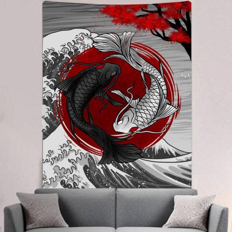 Tapestry Japanese Koi Fish Wave 75x100