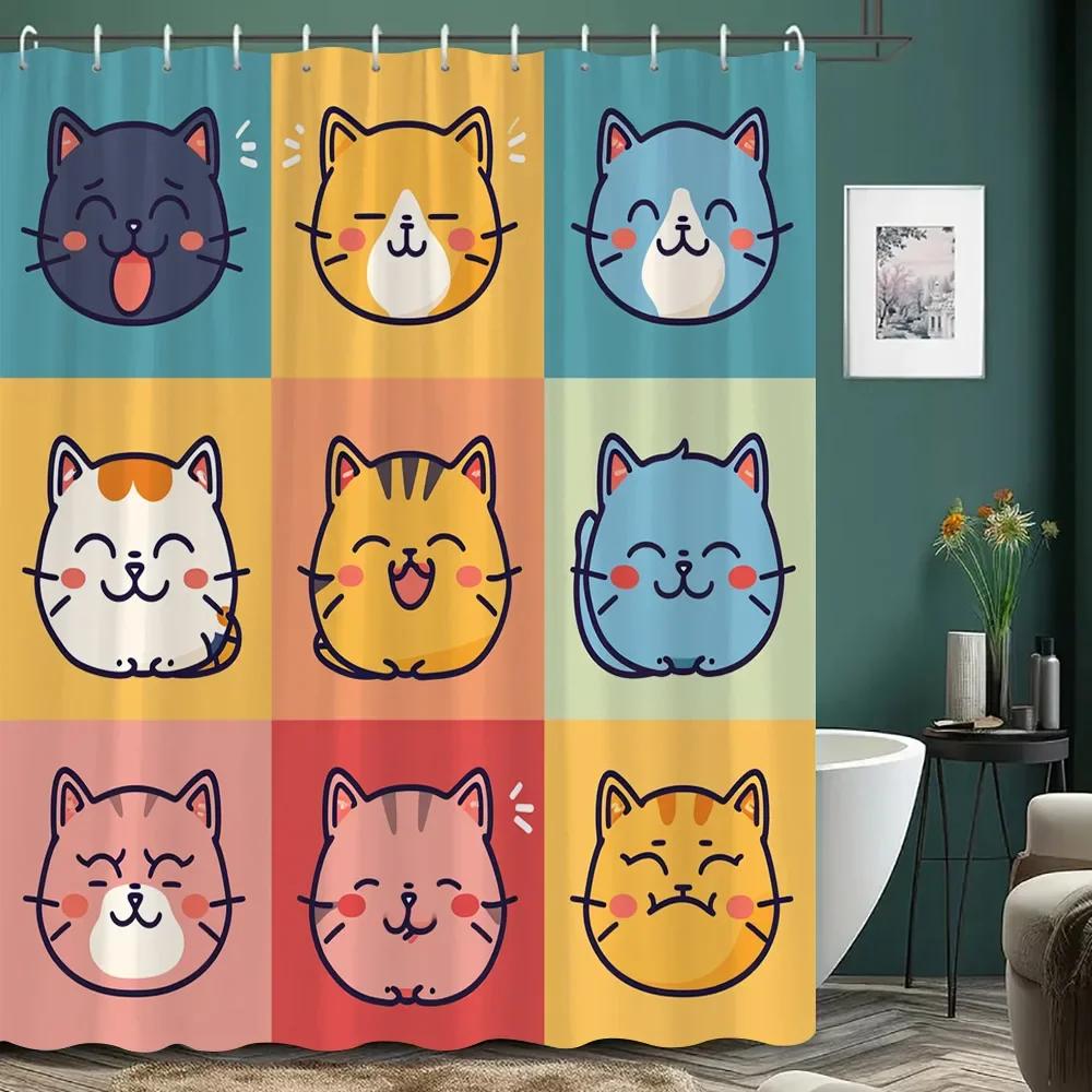Cartoon Cat Shower Curtain Black and White Line Cat Colourful Footprints Polyester Fabric Home Shower Curtains Bathroom Decor
