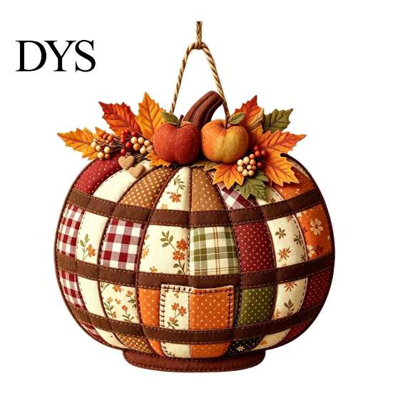Cartello Appeso in Legno di Halloween Zucca Patchwork Appendiporta, Decorazione Casa Raccolta Autunnale con Foglie d'Acero Bacche, Parete Frontale Rustica Stagionale