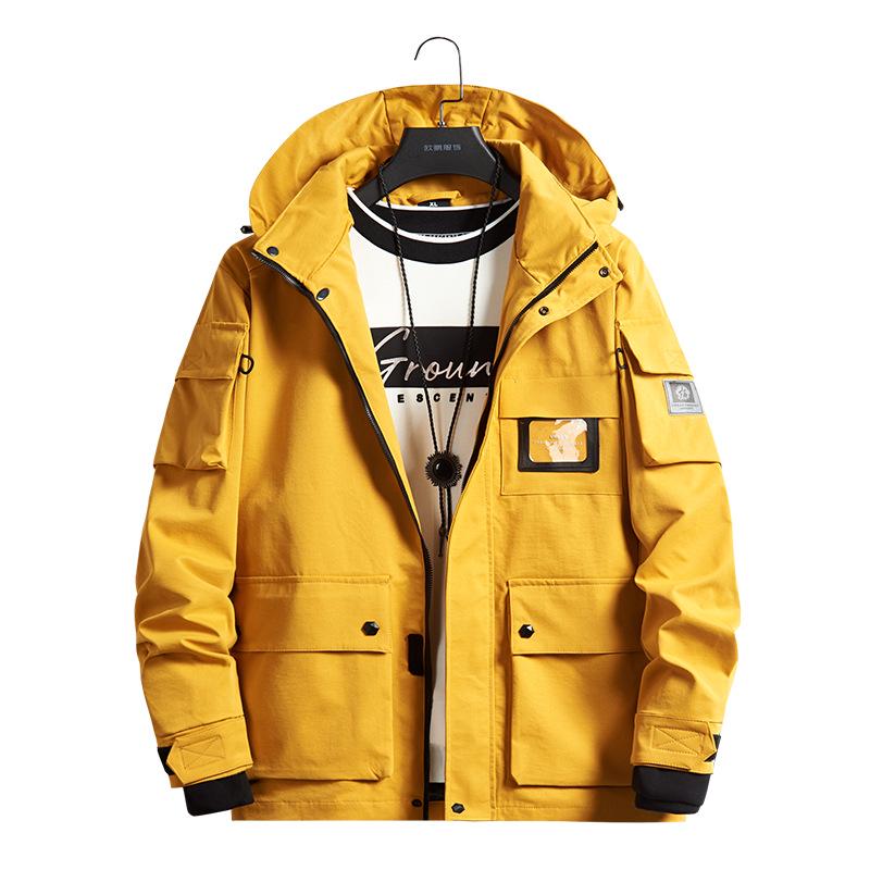 Youth Yellow Japanese Cotton Windbreaker with Flap Pockets - Spring & Autumn Loose Fit Jacket