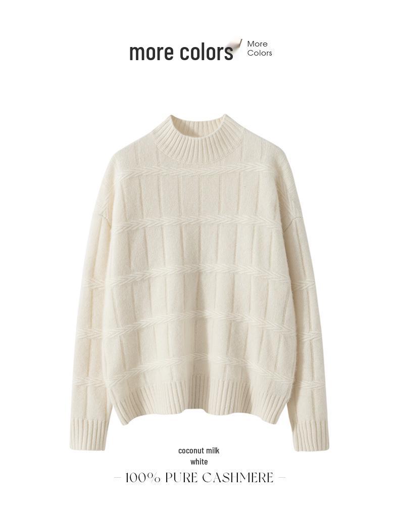 Women's 100% Cashmere Vintage Loose Fit Half High Neck Pullover - Thick, Warm Knit Sweater for Autumn/Winter.