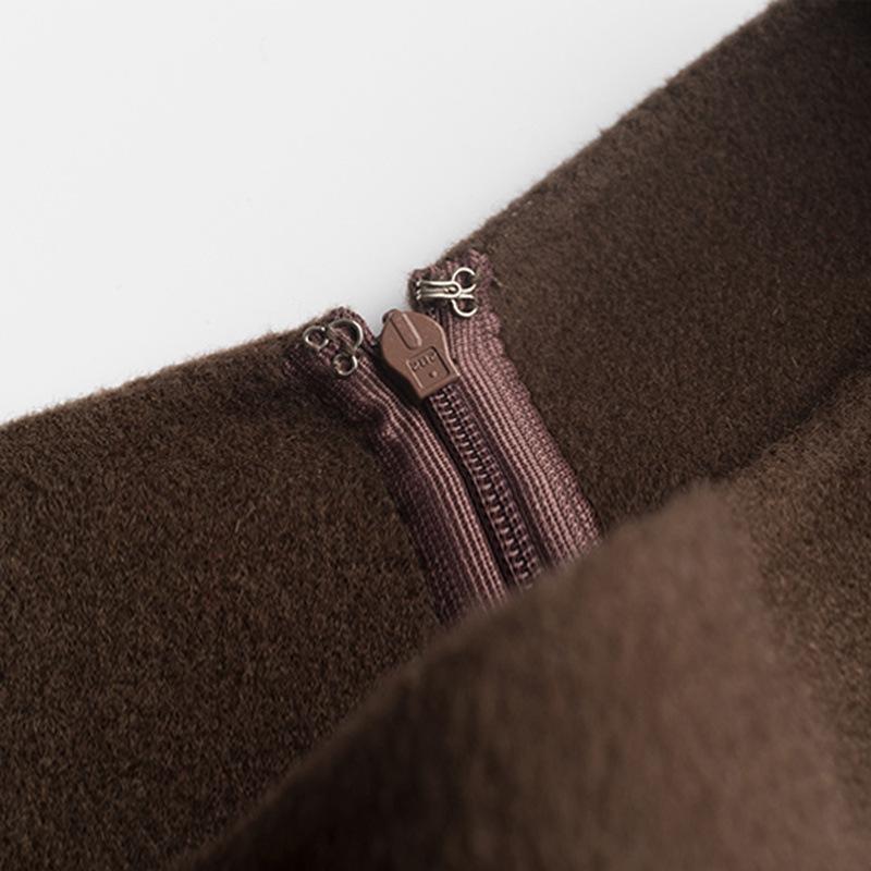 Spring Summer OL Retro Patchwork Woolen Skirt - Solid Brown, Hong Kong Style, Professional Japanese Design
