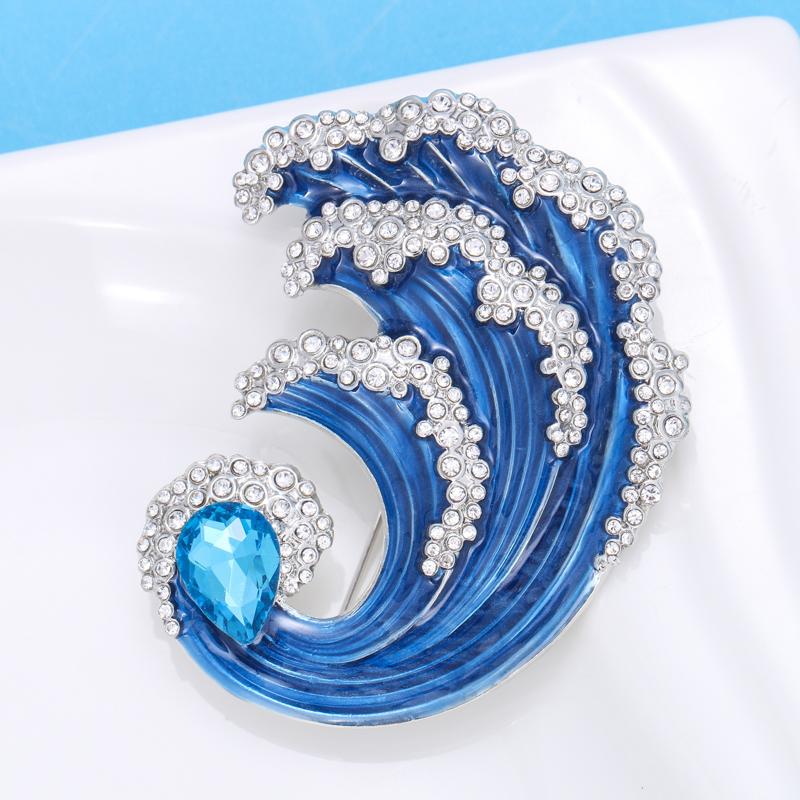 Wuli&baby Blue Ocean Wave Brooch Quality Enamel Crystal Women Brooch Pins Individual Jewelry Accssory