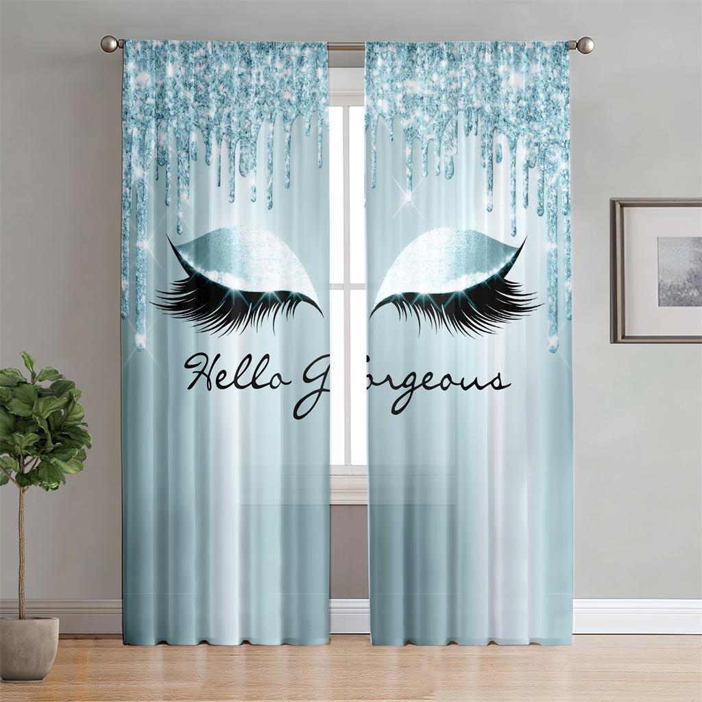 Wimpern Regenbogen Prinzessin Gold Glitzer Frauen Mädchen 2 Stück Lichtfilter Vorhang für Wohnzimmer Schlafzimmer Fenster Deko