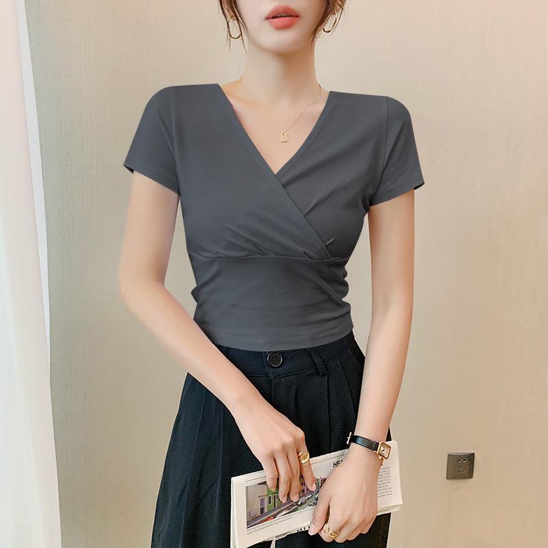 Women's Slimming Cross V-Neck Short Sleeve Cropped T-Shirt - Black Summer Outerwear