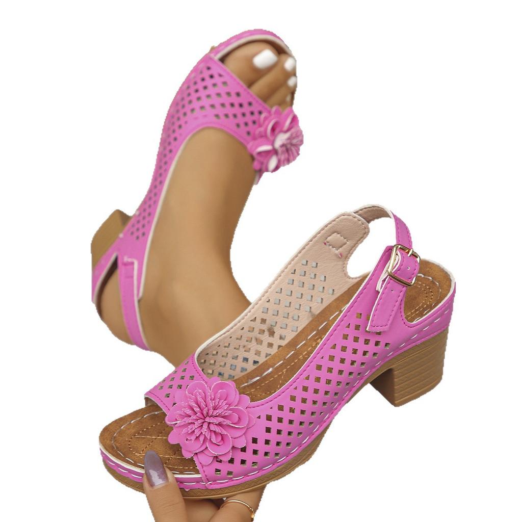 Fashion Women's Chunky Heel Sandals Summer 2025 Fashion Flower Hollow Beach Shoes Lightweight High Heeled Casual Sandals for Women