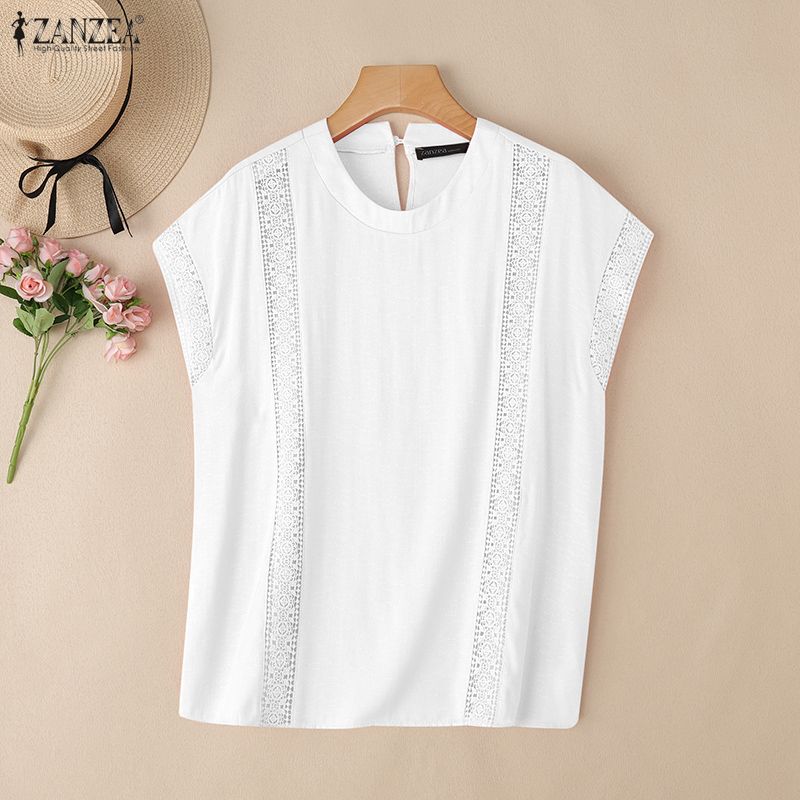 

ZANZEA Women Summer Casual Round Neck Sleeveless Lace Crochet Patchwork Tank Tops 3XL белый