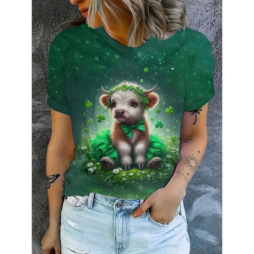 

St. Patrick s Day clover print women s T-shirt short sleeved round neck casual T-shirt top women s holiday T-shirt 5XL