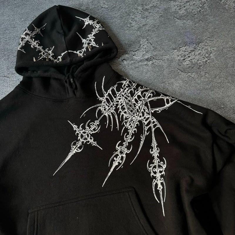 Y2K Gothic Retro Printed Hoodie Loose Fit Pullover Sweatshirt Men Women Teenagers