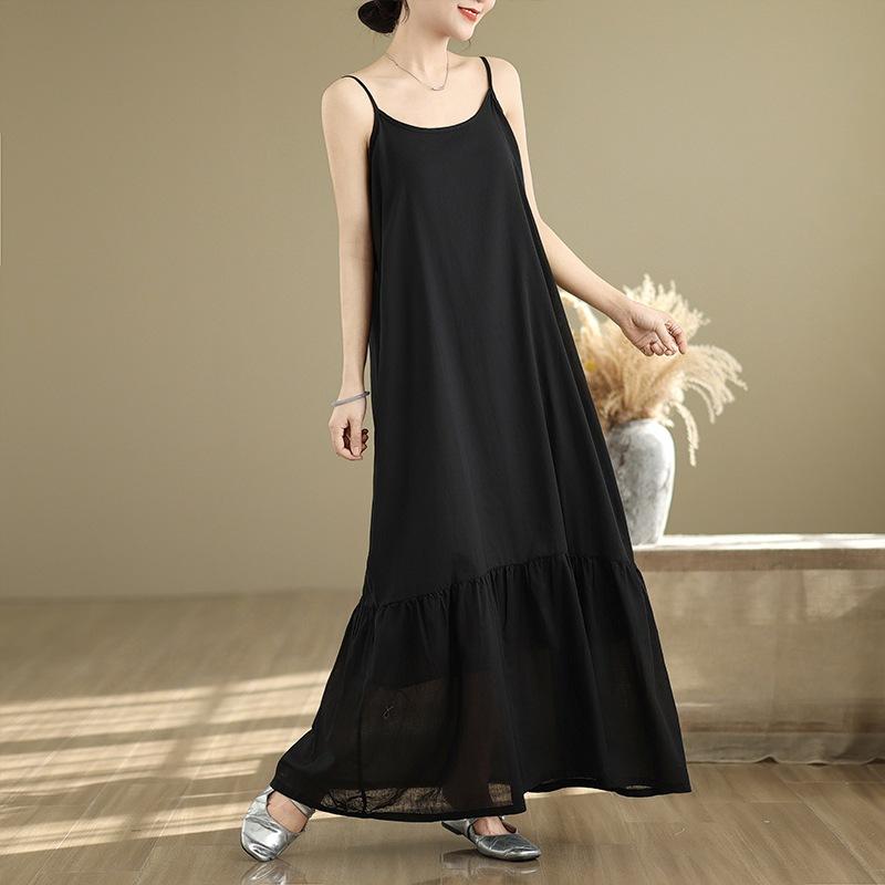 

2025 летняя новая однотонная минималистичная удлиненная хлопковая юбка на подтяжках женская свободная и тонкая повседневная юбка-рыбий хвост M чёрный