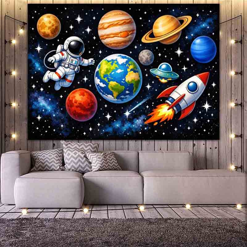 Sfondo Fotografico Astronauta Spazio Esterno Cartone Animato Pianeta Razzo UFO Galassia Banner Foto Ritratti Festa di Compleanno Bambini