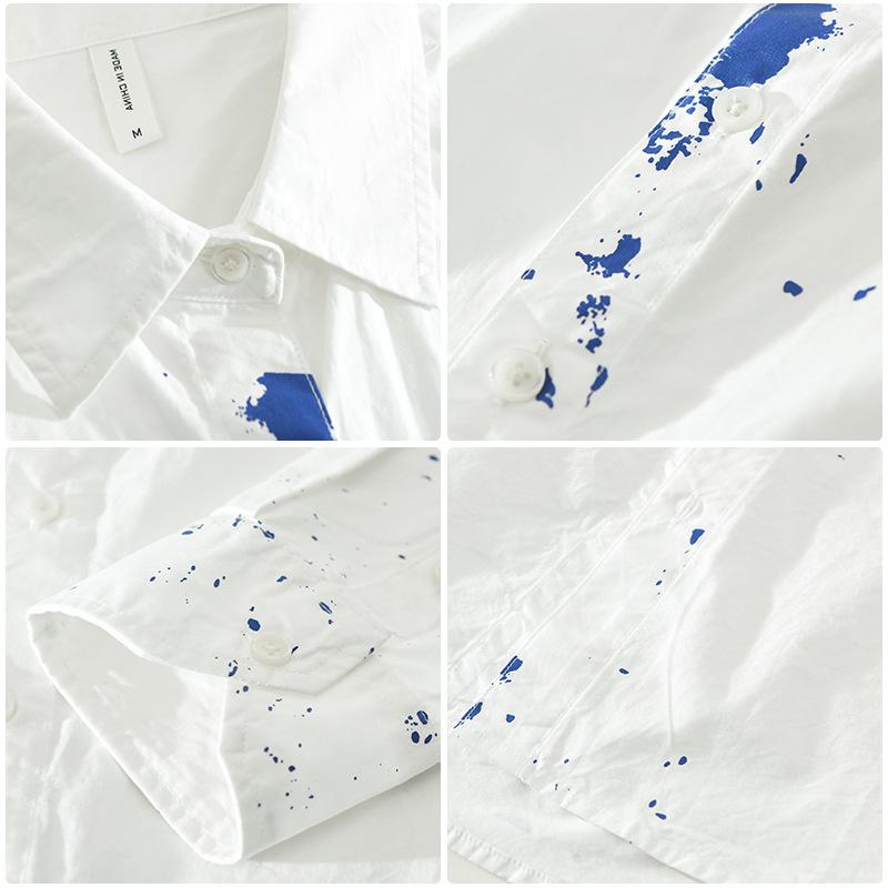 Korean Fashion Long Sleeve Mens Shirts Street Style Print White Shirt Spring and Summer 100 Cotton Men's Casual Shirt