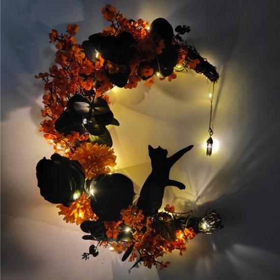 Halloween Moon Wreath With Cat Wall Decor Moon Halloween Wreaths For Front Door