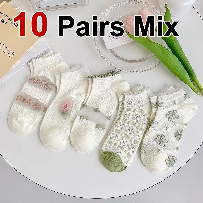 5/10 Pairs Women Floral Edge Breathable Short Socks Spring Summer Thin Mesh Breathable Fashion Sweet Floral Pattern Casual Socks