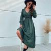 Green Leopard Print Chic Women Dress High Waist Long Sleeve V Neck Long Dress