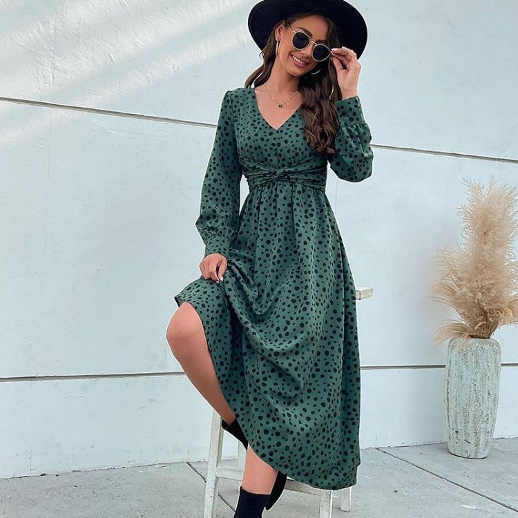 Green Leopard Print Chic Women Dress High Waist Long Sleeve V Neck Long Dress