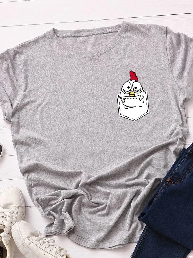 Pocket Chick Print Women T Shirt Short Sleeve O Neck Loose Women Tshirt Ladies Tee Shirt Tops Clothes Camisetas Mujer