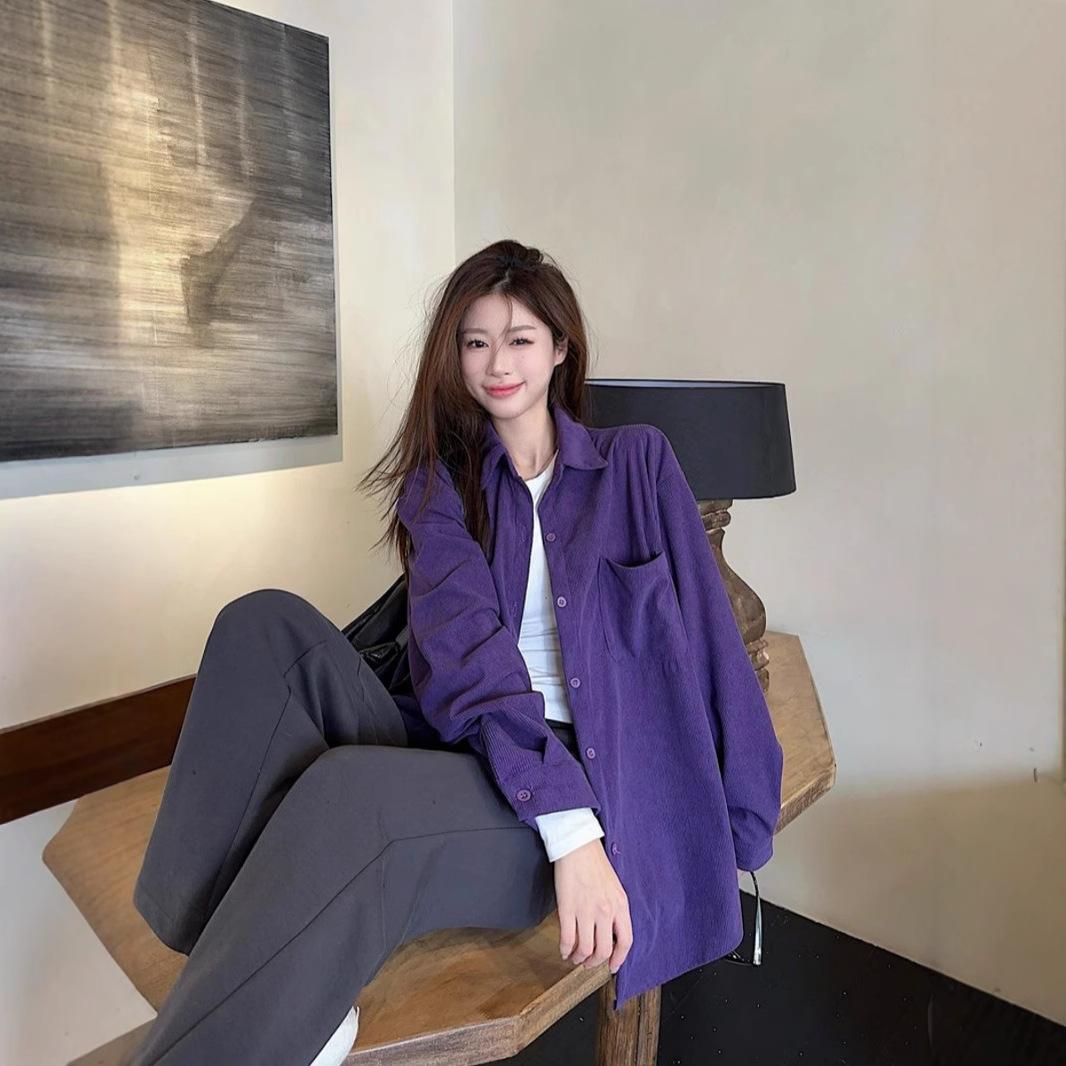 

New Year s Long-sleeved Casual Shirt for Women s Spring and Autumn New Corduroy High-end Fashion Shirt M фіолетовий