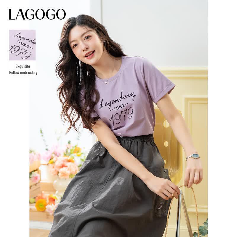LAGOGO 2025 Contrast Letter Round Neck T-Shirt S