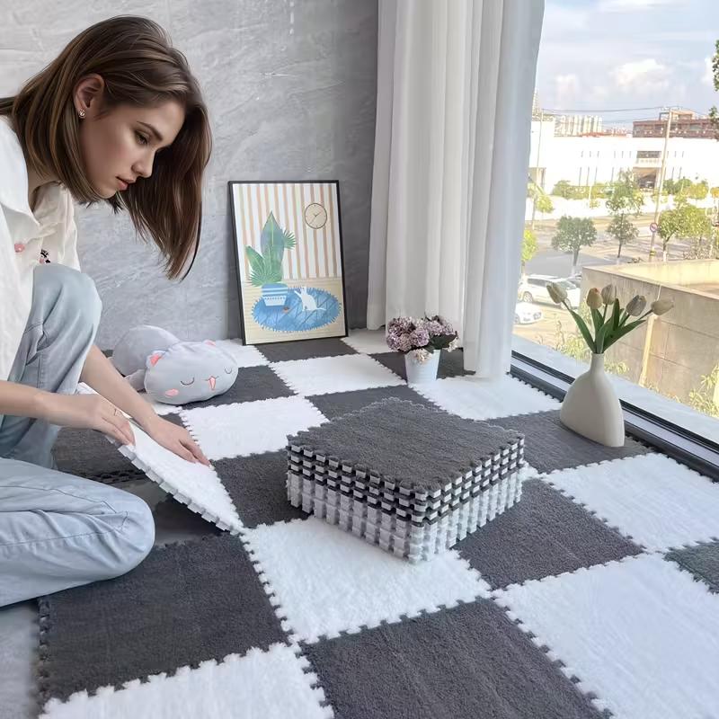 Soft Plush Foam Puzzle Mat Carpet Tiles for Living Room Bedroom Baby Play Area Non-Slip Interlocking Floor Rug Baby Play Mat