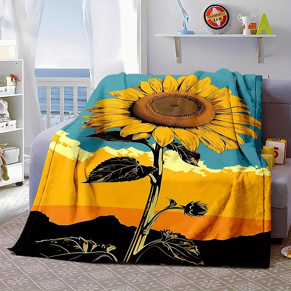 Sunflower on Mountain Print, All-Season Reversible Fleece Throw Blanket, Contemporary Style, 200-250g Polyester, Soft and Fluffy