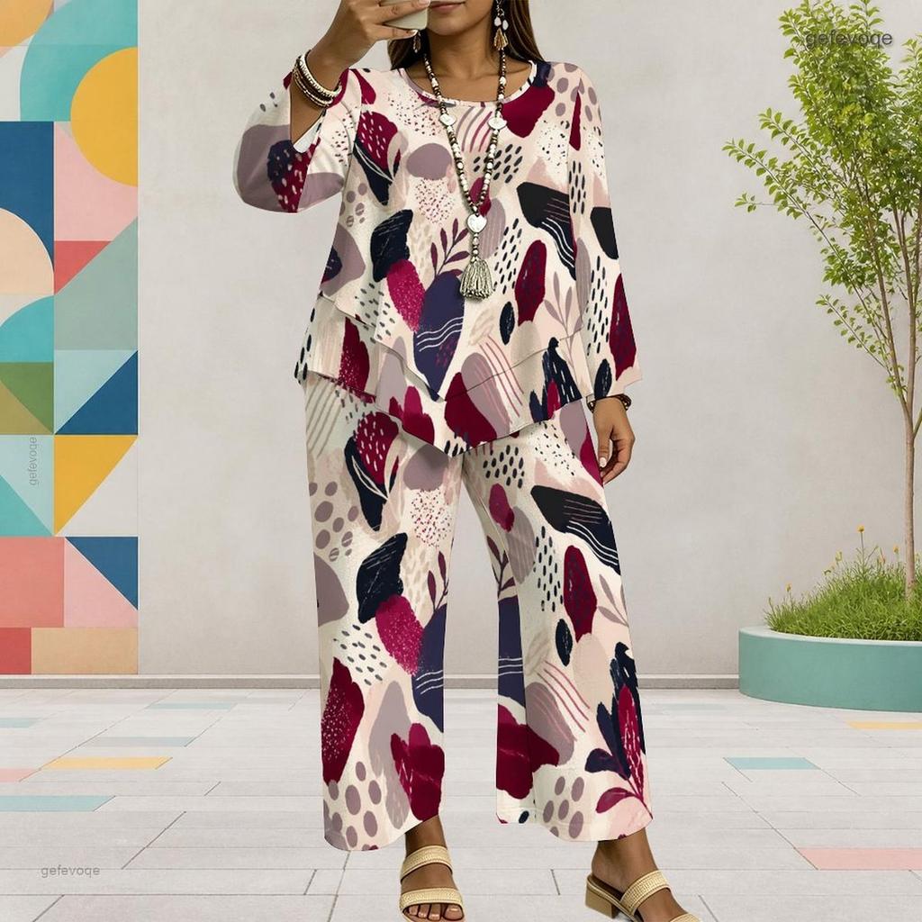 Women Plus Size Two Piece Set Round Neck Long Sleeve Printed Layered Top Wide Leg Cropped Pants