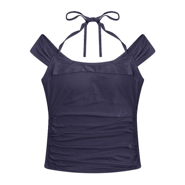 

(Modal cotton) Sexy Spice Girl Short Sleeve T-Shirt Cross Neck Tights Pleated Chic Top one size fits all (recommended 40-60kg ) темно-синий