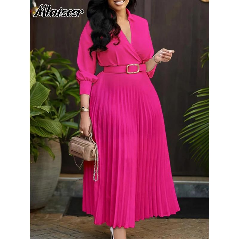 Mlaiscsr šaty africké skládané bílé šaty s páskem pro ženy 3/4 rukávy s výstřihem do V elegantní kancelářské dámy pracovní večírek večerní župan