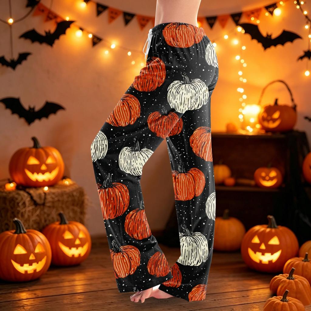 Women Drawstring Halloween Print Long Pants Casual Loose Fit Pajama Bottoms with Elastic Waistband for Home Lounge Sleepwear