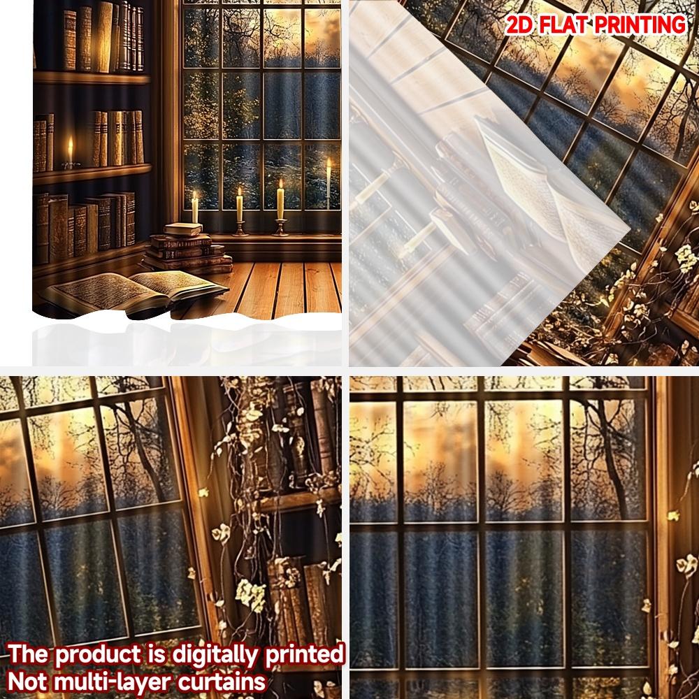 Bogenfenster Waldbibliothek Vorhänge Gemütliches Bücherregal Geheimnisvoller Dunkler Wald Blick Einlagig Realistische Szene Vorhang Set Von 2 Hergestellt Polyester Waschbar