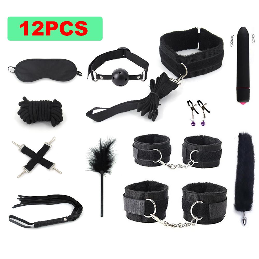 BDSM Bondage Set Sex Product Erotic Toys For Adults Games Plush Leather Handcuffs Nipple Clamps Gag Whip Rope Anal Plug