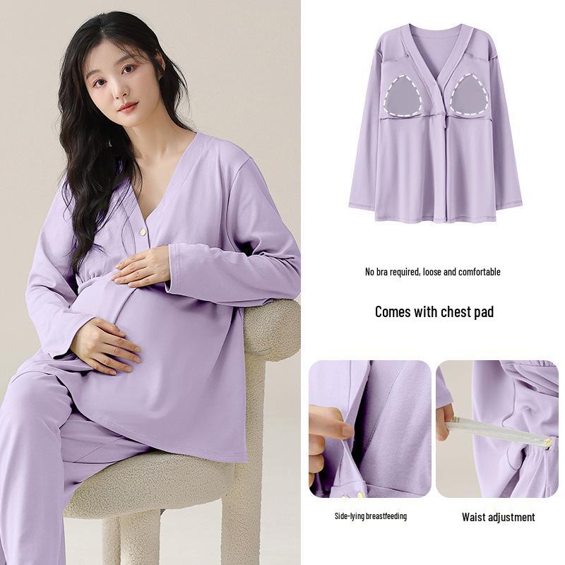 Autumn Pure Cotton Maternity Pajamas with Breast Pads - Perfect for Postpartum and Breastfeeding