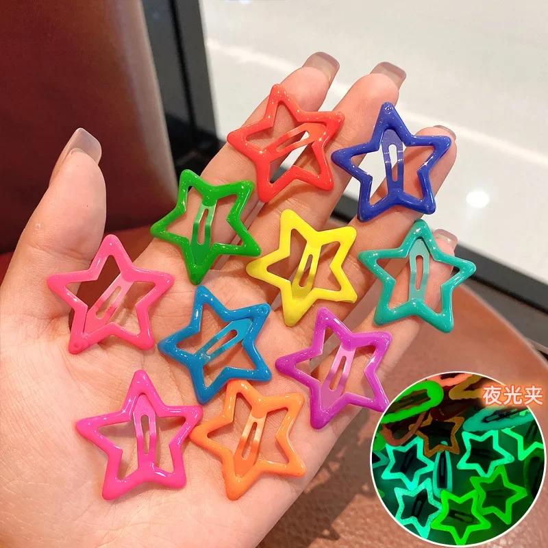 10pcs Colorful Glow in The Dark Star Heart Hairpin BB Snap Clips Luminous Barrettes Girls Hair Grip Kid Headdress Accessories