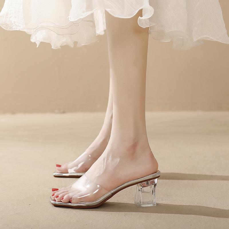 Fashion Women Open Toe Transparent Crystal Heel Thick Sandals Slide Slippers Outdoor Vulcanized Shoes Summer High Heels
