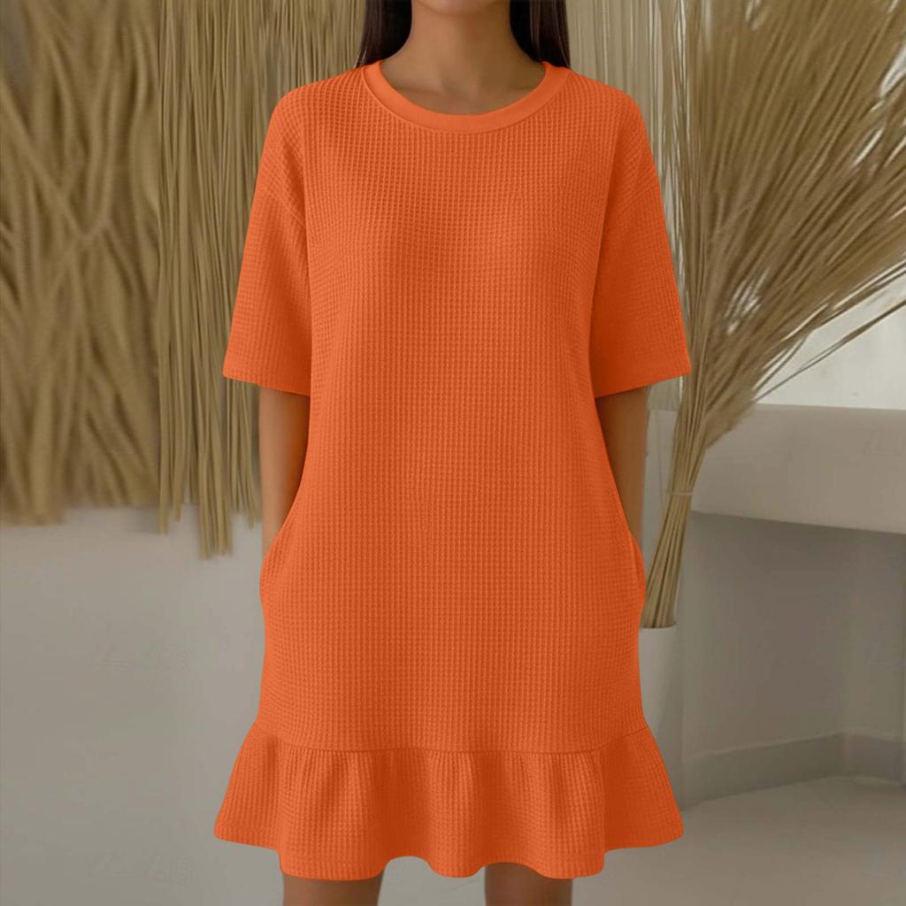 Women Casual Summer Dress Short Sleeve Crew Neck Mini Dress Ruffle Hem Dress Flowy Beach Sundress
