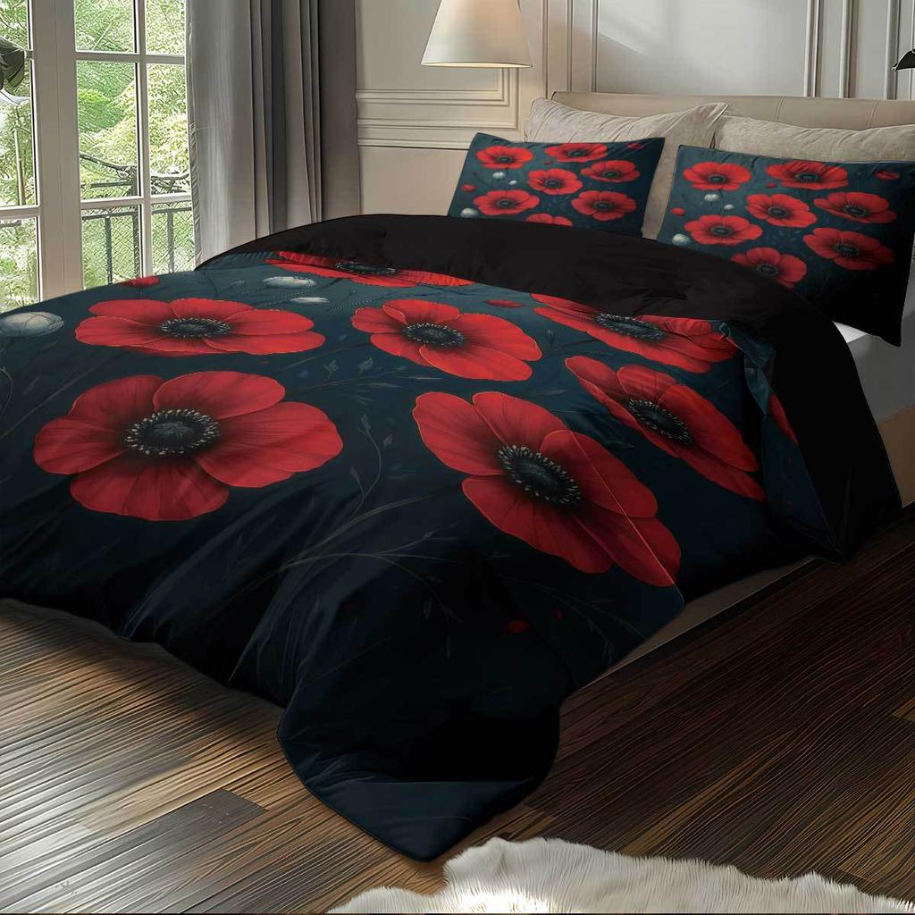 Bett Dreiteiliges Set, Rote Blume 3D Digitaldruck Kissenbezug, Heimtextil Bettbezug 3-teiliges Set