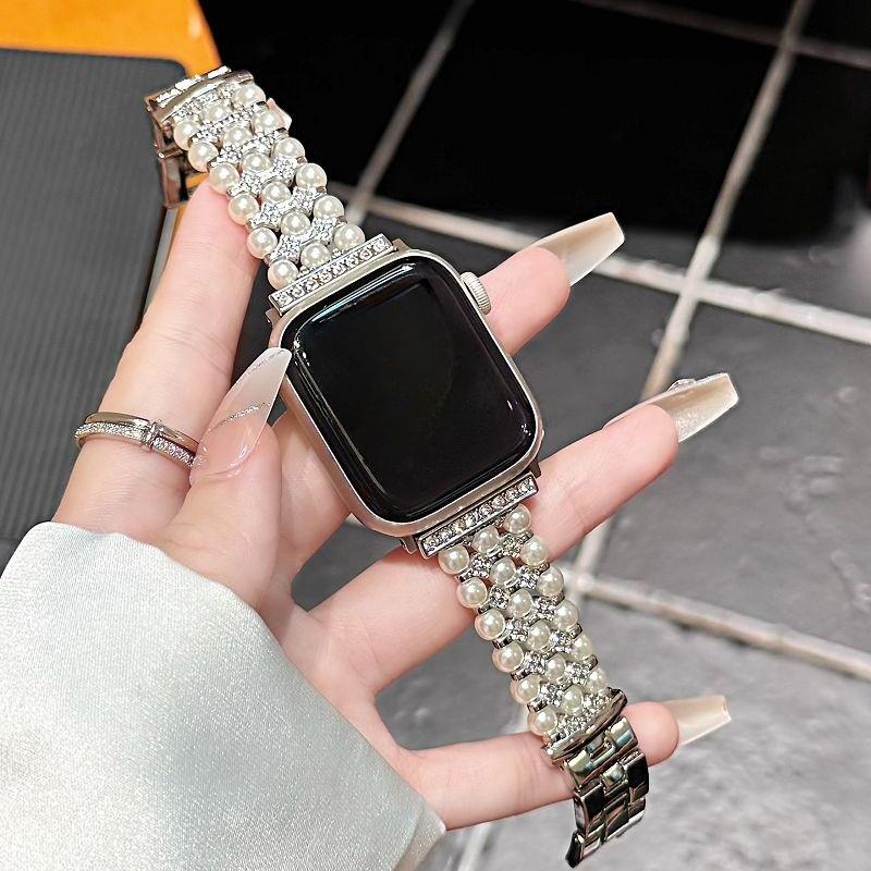 Pearl Metal Strap for Apple Watch Band 49 46 45 44 42 41 40 38mm Women Jewelry Diamond Bracelet Correa for iWatch S10 9 8 7 6 SE