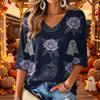 Women's V-Neck Casual Halloween Print Three-Quarter Sleeve Tunic Top for Fall Party Outfits