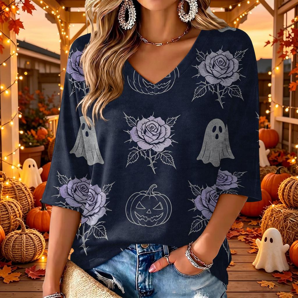 Women's V-Neck Casual Halloween Print Three-Quarter Sleeve Tunic Top for Fall Party Outfits