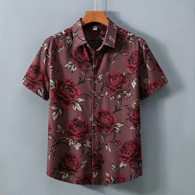 Pánská retro košile s krátkým rukávem a květinovým potiskem a kapsami, Elegantní retro styl, Pro dojíždění, Lehké dovolené, Rande