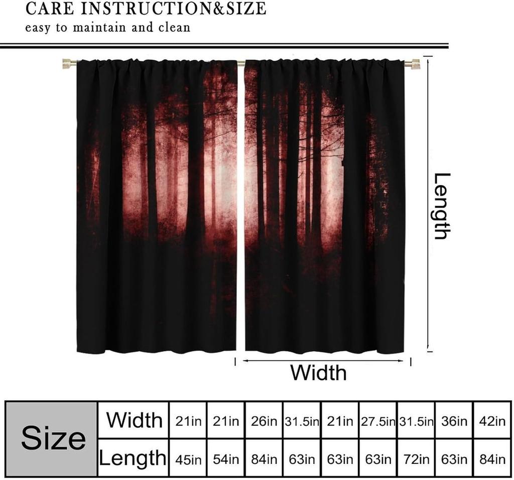 Gothic Dark Red Forest Curtains, Haunted Creepy Landscape Misty Forest Window Treatments Spooky Horror Halloween Forest Window D
